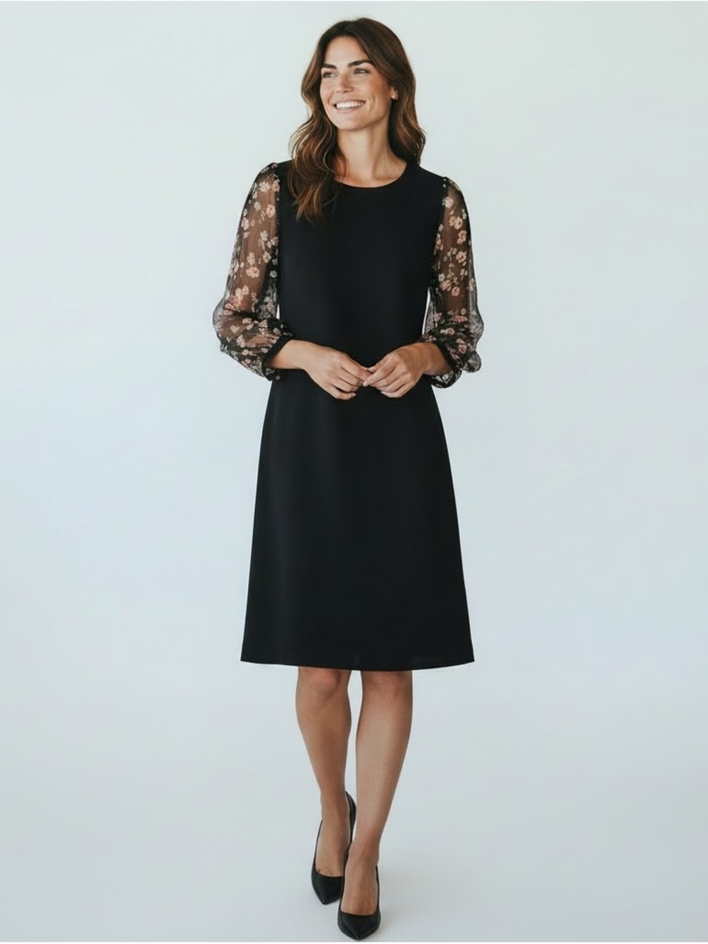 Karl Lagerfeld Black Dress with Floral Sheer Sleeves